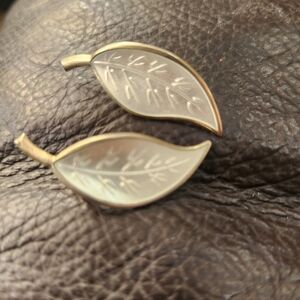 VTG David Anderson SS/Vermeil White Guilloche Enamel Leaf Clip-on Earrings